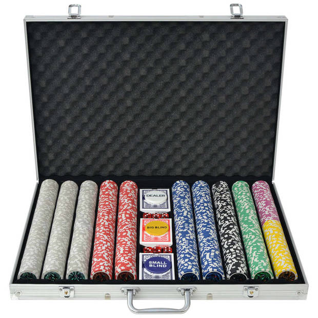 The Living Store Pokerset met 6 Casino Dobbelstenen - 3 Kaartendecks - Las Vegas Stijl - 1000 Laser Chips - Aluminium