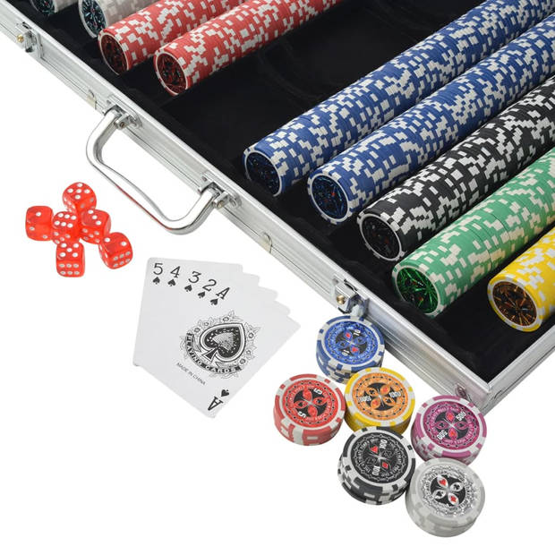 The Living Store Pokerset met 6 Casino Dobbelstenen - 3 Kaartendecks - Las Vegas Stijl - 1000 Laser Chips - Aluminium