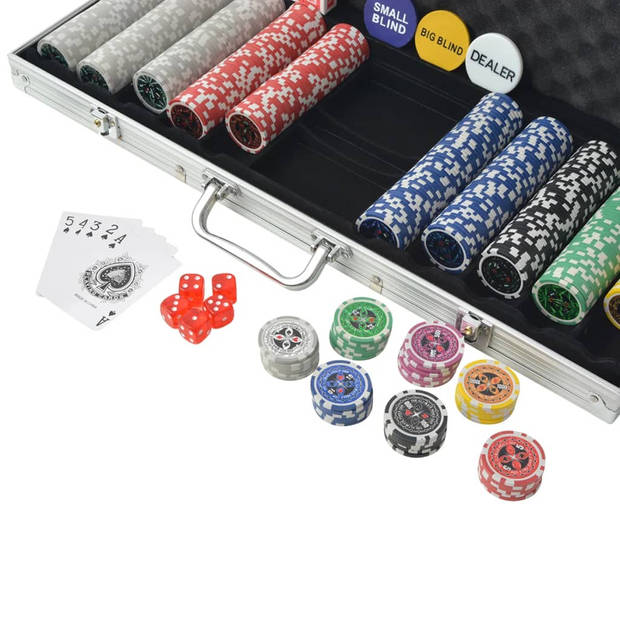 The Living Store Poker Set - Casino Dobbelstenen - Kaartspellen - 500 Laser Chips - Aluminium Koffer - 55.5 x 20.5 x