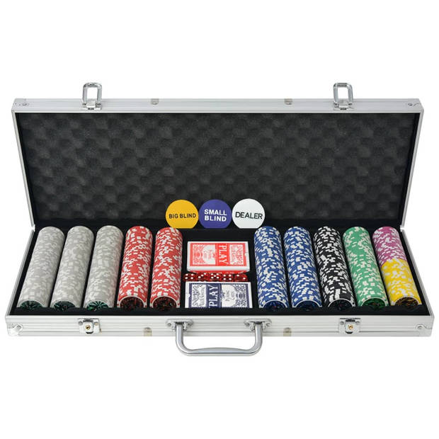 The Living Store Poker Set - Casino Dobbelstenen - Kaartspellen - 500 Laser Chips - Aluminium Koffer - 55.5 x 20.5 x