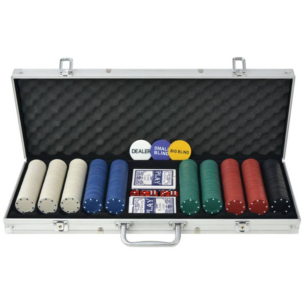 The Living Store Poker Set - Casino dobbelstenen en kaarten - Aluminium koffer - 500 chips - Meerkleurig - 55.5 x 20.5