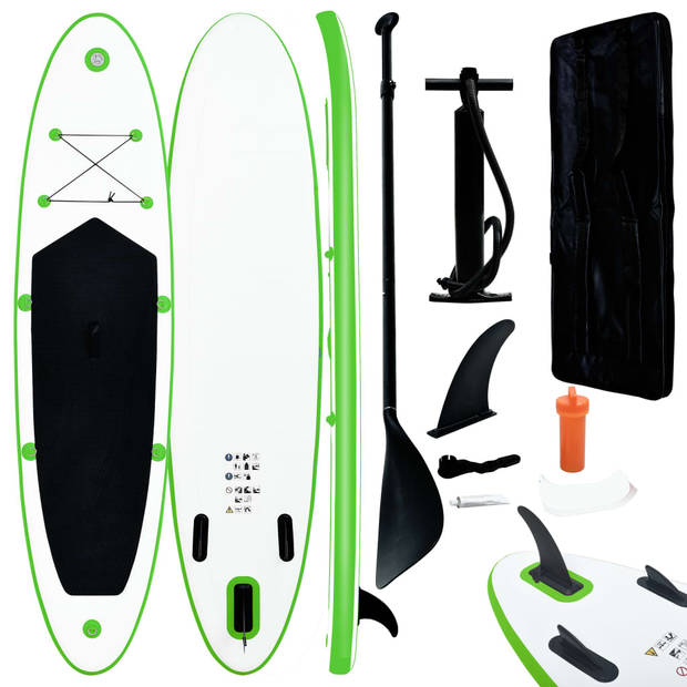 The Living Store SUP Board - Opblaasbaar Stand Up Paddleboard - 390 x 81 x 10 cm - Groen en Wit - Draagvermogen 130 kg