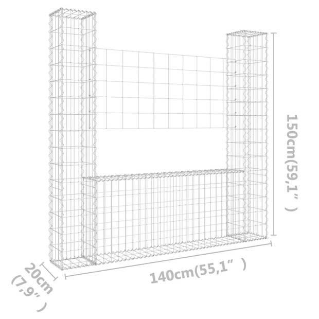 The Living Store Gabion Mand Schanskorf - 140 x 20 x 150 cm - Draaddiameter 3.5 mm - Zilver - IJzer - Met 2 palen