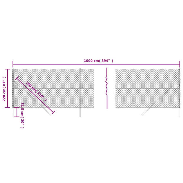 The Living Store Gaashek - 2.2 x 10 m - 60 x 60 mm - Gegalvaniseerd staal met PVC-coating - Zilver - Montage vereist