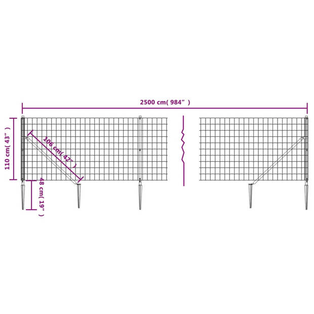 The Living Store Draadgaashek - 1.1 x 25 m - 100 x 75 mm - Antraciet - Gegalvaniseerd staal met PVC-coating