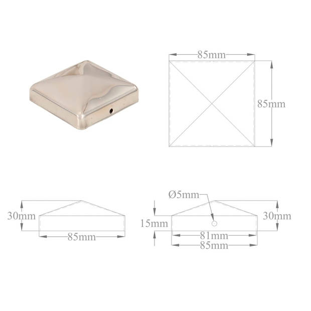 The Living Store Piramide Paalkap - RVS - 85 x 85 mm - Geschikt voor 81 mm palen