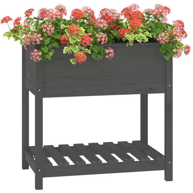 vidaXL Plantenbak met schap 82,5x54x81 cm massief grenenhout grijs