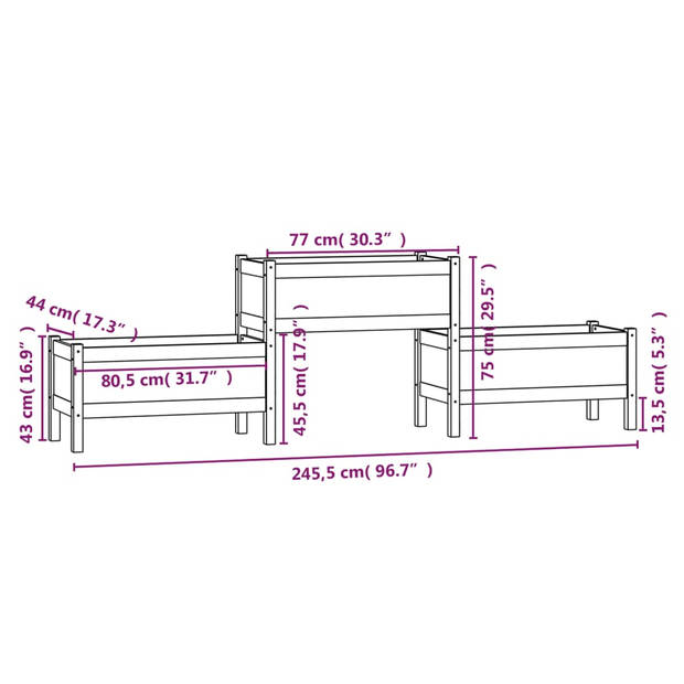 vidaXL Plantenbak 245,5x44x75 cm massief grenenhout grijs