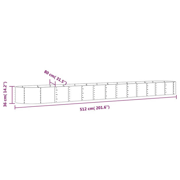 vidaXL Plantenbak 512x80x36 cm gepoedercoat staal grijs