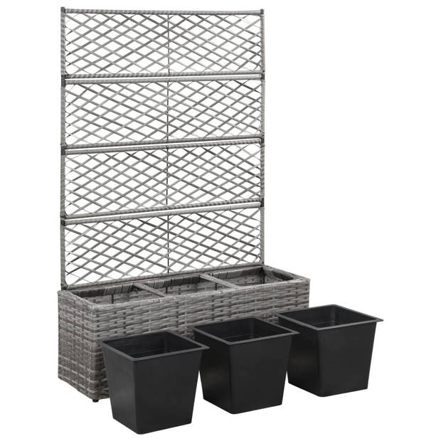 The Living Store Latwerkplantenbak - poly rattan - 83x30x130cm - grijs - met 3 potten