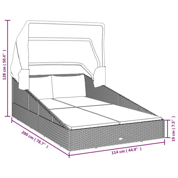 The Living Store Ligbed met Dak - Grijs - PE-rattan - 200 x 114 x 128 cm - Schuimkussen