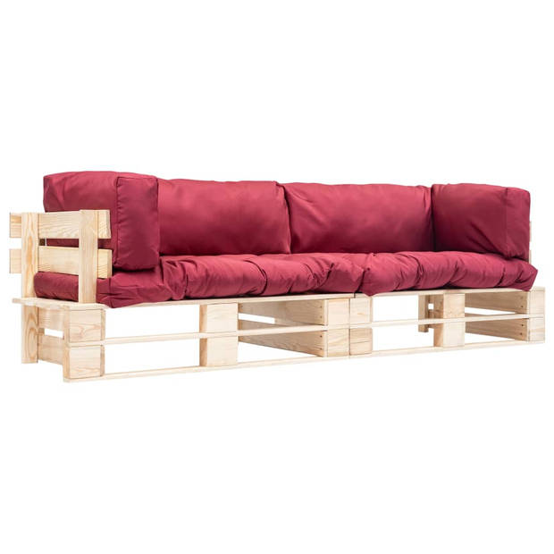 The Living Store Pallet bankenset - Grenenhout - 220 x 66 x 65 cm - Rood kussen