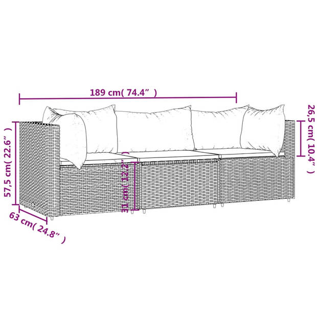 vidaXL 3-delige Loungeset met kussens poly rattan zwart