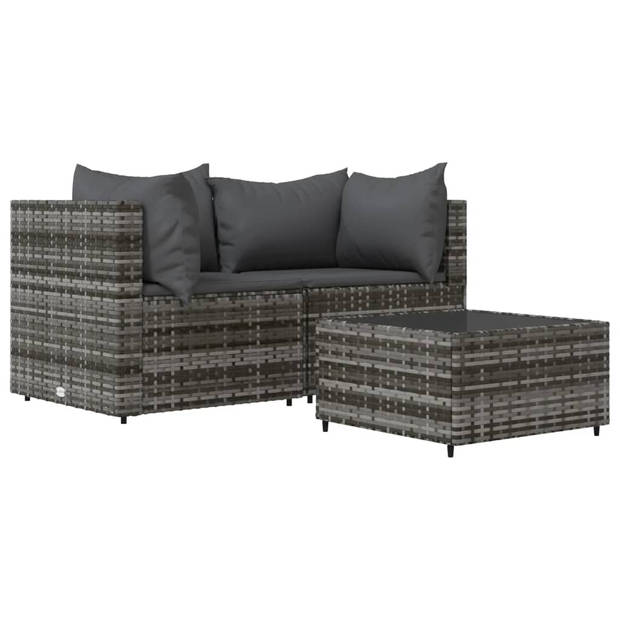 The Living Store Loungeset Grijs - Hoekbank 63x63x57.5cm - PE-rattan - Gehard glas - Inclusief kussens - Modulair