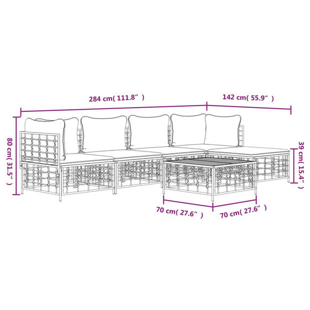 The Living Store Loungeset Modern - Antraciet - Poly rattan - 72 x 72 x 66 cm (B x D x H) - Weerbestendig