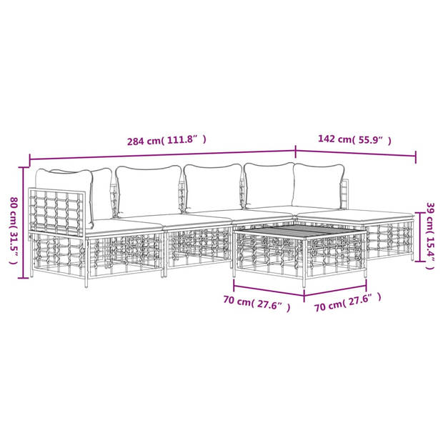 vidaXL 6-delige Loungeset met kussens poly rattan antracietkleurig