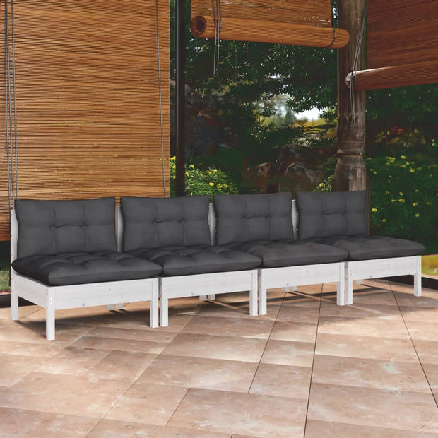 The Living Store Terrasbank - Massief grenenhout - Modulair design - 63.5x63.5x62.5 cm - Wit - Inclusief kussens -
