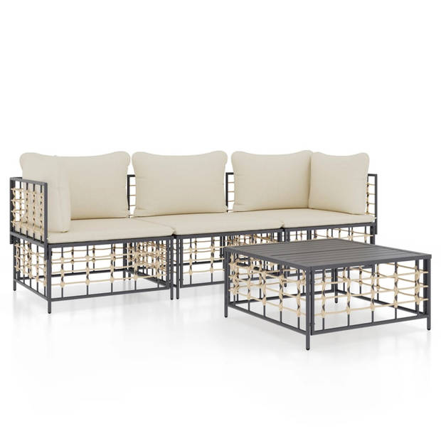 The Living Store Loungeset Antraciet - Poly Rattan - Hoekbank 72x72x66cm - Middenbank 72x70x66cm - Tafel 70x70x34cm