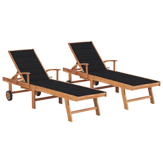 The Living Store Loungebed - Classic - Houten - 195x59.5 cm - Verstelbare rugleuning - Inclusief kussen - 2 stuks