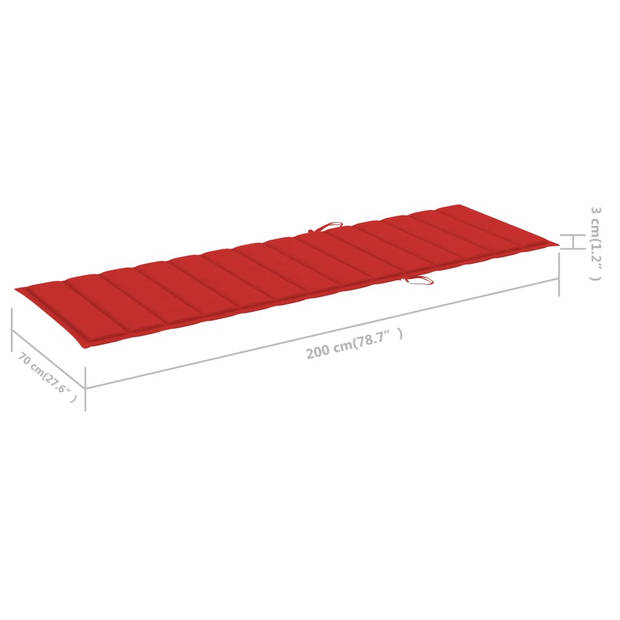 The Living Store Loungebed - Hout - Verstelbare rugleuning - Geïmpregneerd grenenhout - Rood kussen - 200 x 70 x