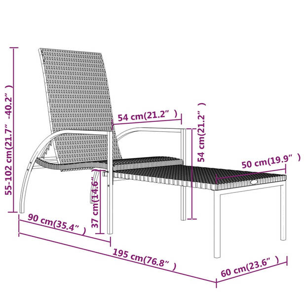 The Living Store Ligbedden - Tuinmeubelen - 195 x 60 x 55 - 102 cm - Bruin Rattan - Crèmewit Kussen