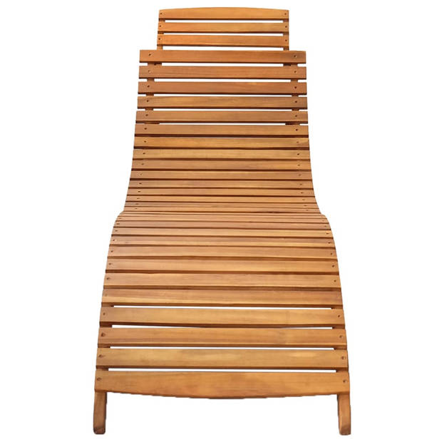 The Living Store houten ligbed - massief acaciahout - ergonomisch gebogen vorm - incl - kussen - grijs ruitpatroon -