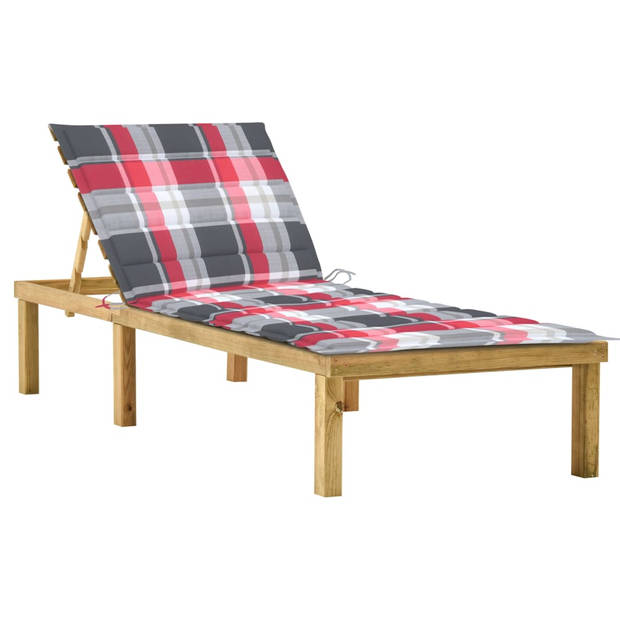 The Living Store Loungebed Tuin - 200x70x(31.5-77)cm - Rood geruit kussen - Verstelbare rugleuning en voetensteun