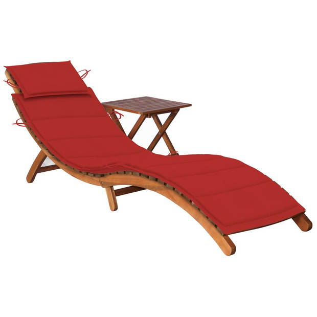 The Living Store Acacia Houten Ligbed met Tafel - 184x55x64 cm - Rood Kussen