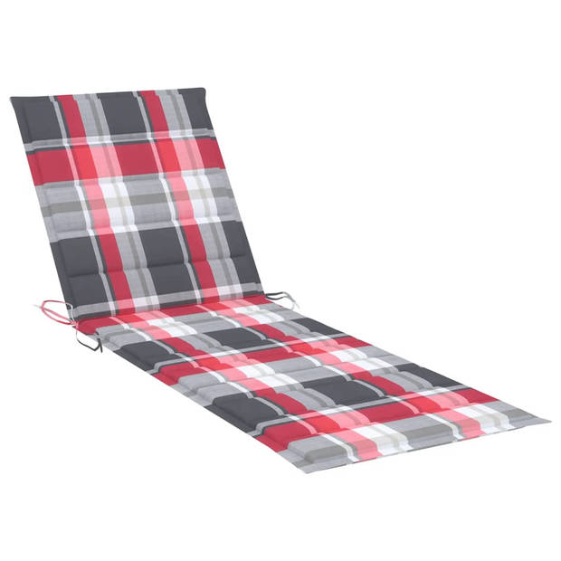 The Living Store Ligstoel Acaciahout - 200 x 60 x 30/90 cm - Verstelbare rugleuning - Rood ruitpatroon