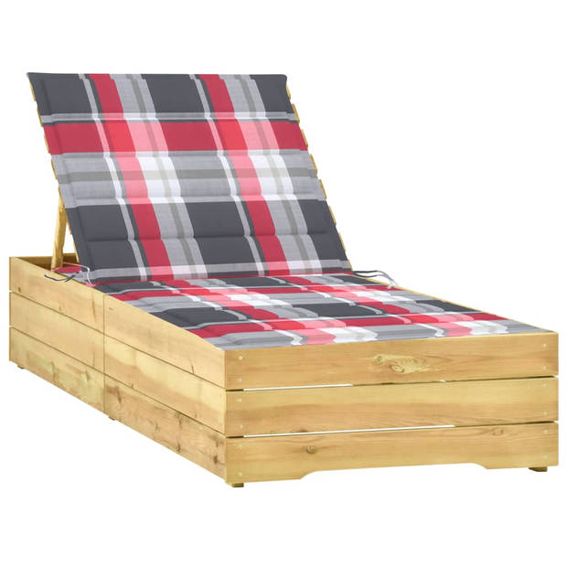 The Living Store Loungebed Grenenhout - Tuinbed 198x68x(28-75) cm - Verstelbare Rugleuning - Rood Geruit Kussen