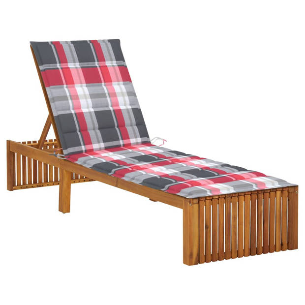 The Living Store Ligstoel Acaciahout - 200 x 60 x 30/90 cm - Verstelbare rugleuning - Rood ruitpatroon