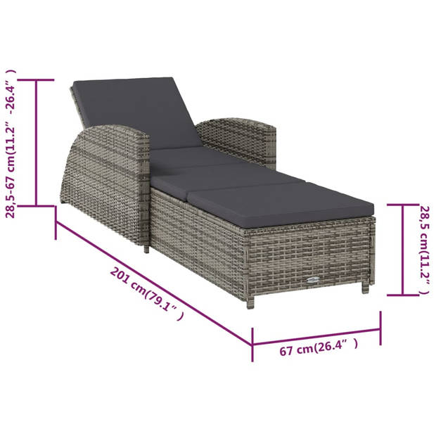 The Living Store Ligstoel PE-rattan - 201 x 67 x 28.5 / 51 / 53 / 67 cm - Grijs - Met verstelbare rugleuning