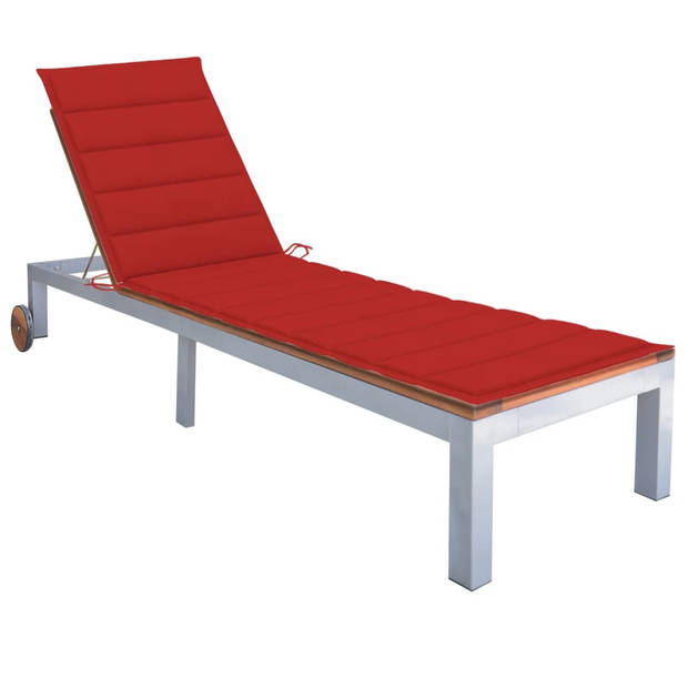 The Living Store Houten Ligbed Tuin - 207 x 70 cm - Verstelbare rugleuning - Rood kussen