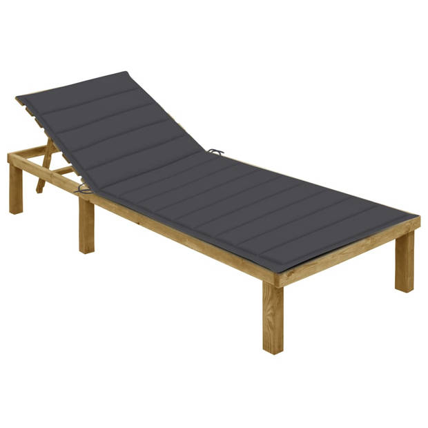 The Living Store Loungebed Tuinmeubelen - 200x70cm - Verstelbare rugleuning - Grenenhout - Antraciet kussen