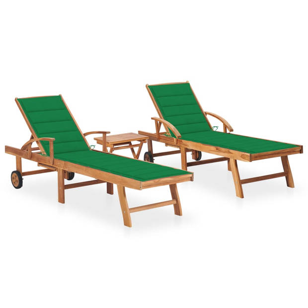 The Living Store Ligbedden - Teak Houten - 195x59.5 cm - Verstelbaar - Inclusief Kussen - 2 stuks