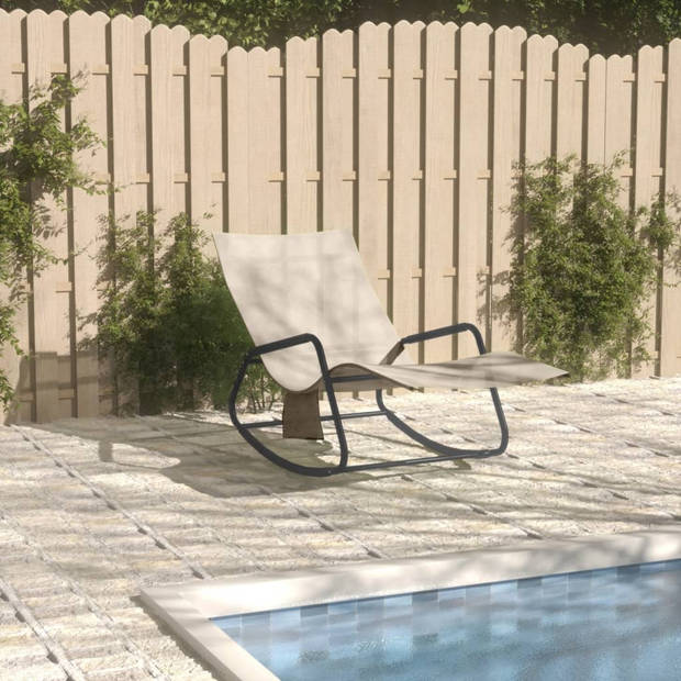 The Living Store Lounger Ligstoel - Stalen Frame - Waterbestendig - Met Zijvak - Crème - 145x57x83cm