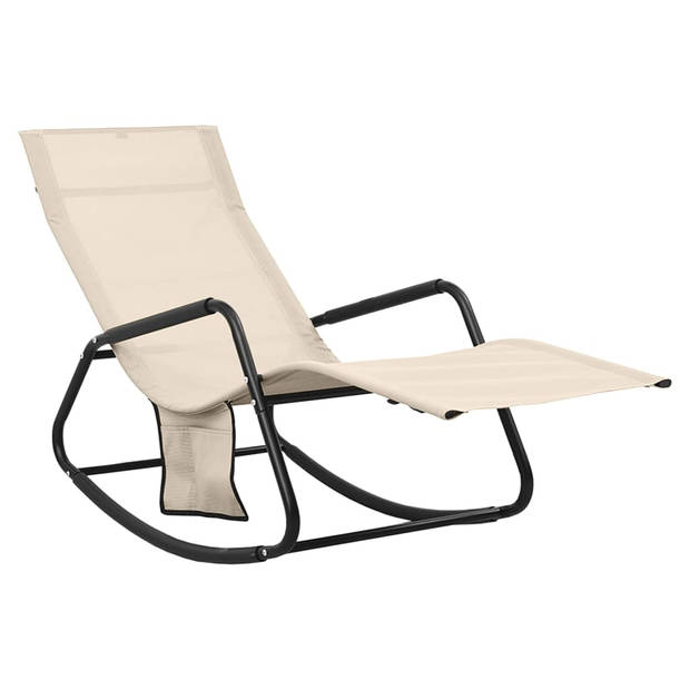 The Living Store Lounger Ligstoel - Stalen Frame - Waterbestendig - Met Zijvak - Crème - 145x57x83cm