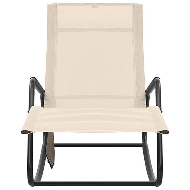 The Living Store Lounger Ligstoel - Stalen Frame - Waterbestendig - Met Zijvak - Crème - 145x57x83cm