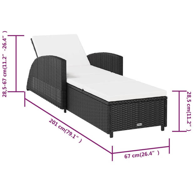 The Living Store Ligstoel Zwarte rattan - 201x67x28.5/51/53/67 cm - verstelbare rugleuning - inclusief kussen