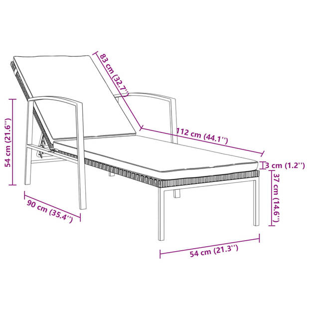 The Living Store Ligbed - Poly Rattan - Bruin - 195 x 60 x (53-95) cm - Verstelbare Rugleuning