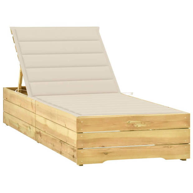 The Living Store Loungebed Tuin - Houten - 198 x 68 x (28 - 75) cm - Verstelbare rugleuning - Inclusief kussen - Crème