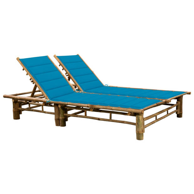 The Living Store Ligstoel Bamboo - 200x130x(24-87) cm - Blauwe kussens