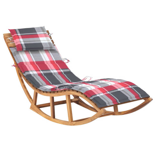 The Living Store houten ligstoel Schommelend Teak - 60x180x73 cm - Rood ruitpatroon