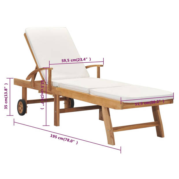 The Living Store Ligbed - Teakhout - Verstelbaar - Met Kussen - 195 x 59.5 cm - Crème