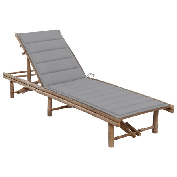 The Living Store Ligbed Bamboe - Tuinmeubel - 200x65 cm - Verstelbare Rugleuning - Grijs Kussen