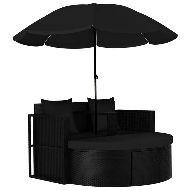 The Living Store Rattan loungeset - inclusief parasol - zwart - PE-rattan - 130 x 58 x 77 cm - 119 x 54 x 36 cm - 1.8 m
