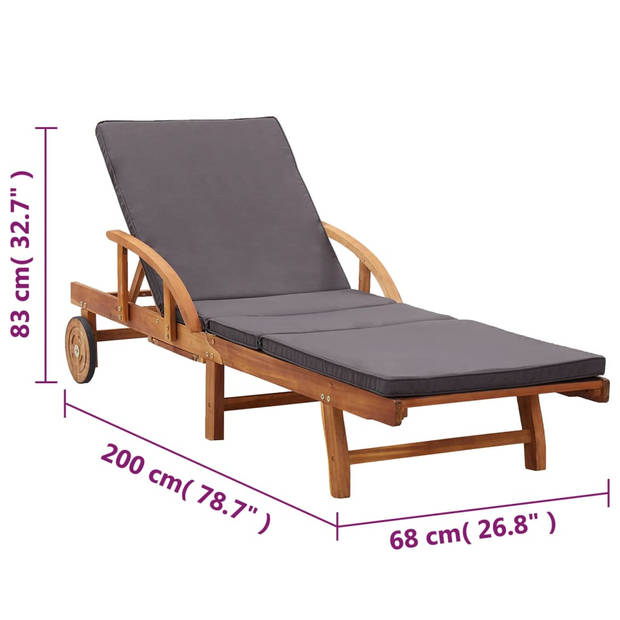 The Living Store Ligbed Latten - Massief Acaciahout - Verstelbaar - Met Wielen - Uittrektafel - Dik Gevoerde Kussens