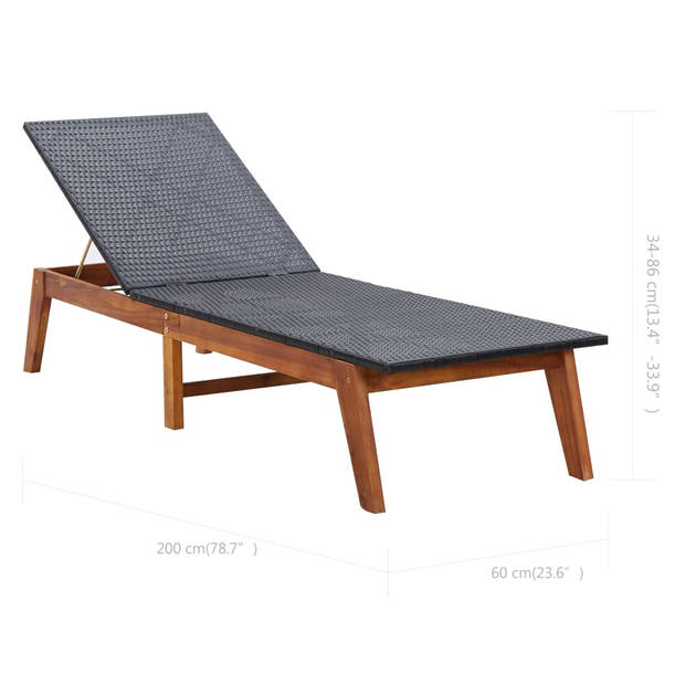 The Living Store Ligbed - Poly rattan - Acaciahout - 200 x 60 x (34 - 86) cm - Verstelbare rugleuning