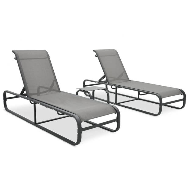 The Living Store Ligstoelset - Grijs - 2x Ligstoel 1x Theetafel - Textileen/Aluminium - Verstelbare rugleuning