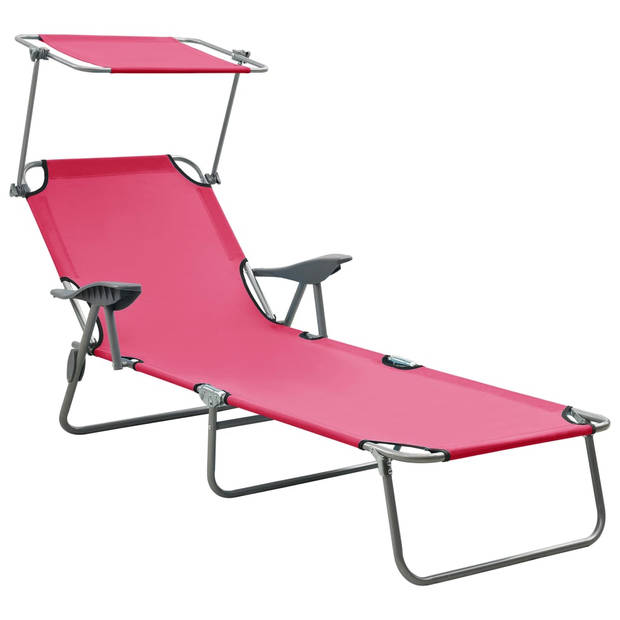 The Living Store Ligstoel Lounge - Roze - 71.5 x 188 x 27 cm - Verstelbare rugleuning en luifel